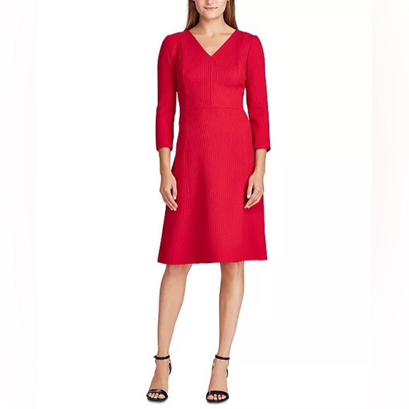 Lauren Ralph Lauren Red Dobby Fit & Flare Dress - Picture 2 of 10